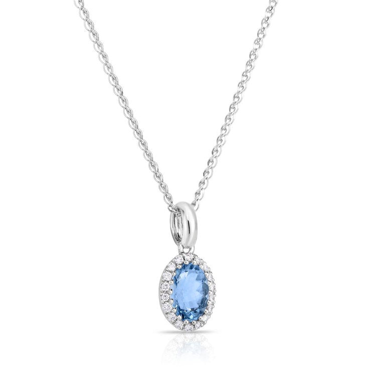 Oval Cut Aquamarine & 0.09ctw Diamond Necklace 14ct White Gold