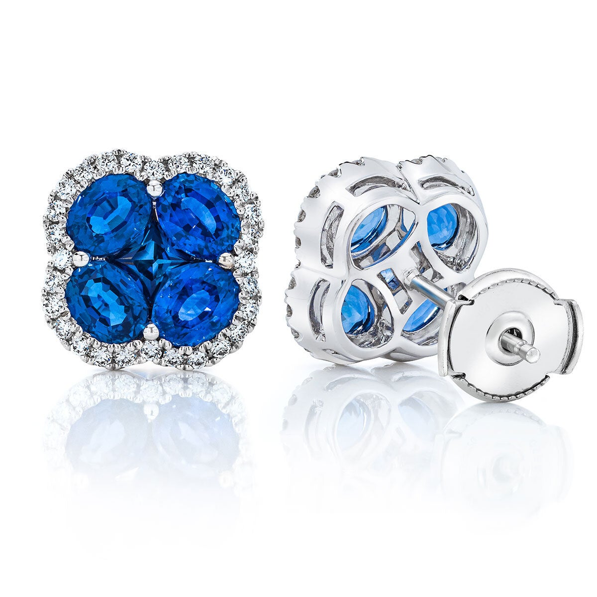 Oval & Princess Cut Blue Sapphire 0.27ctw Diamond Clover Stud Earrings 14ct White Gold