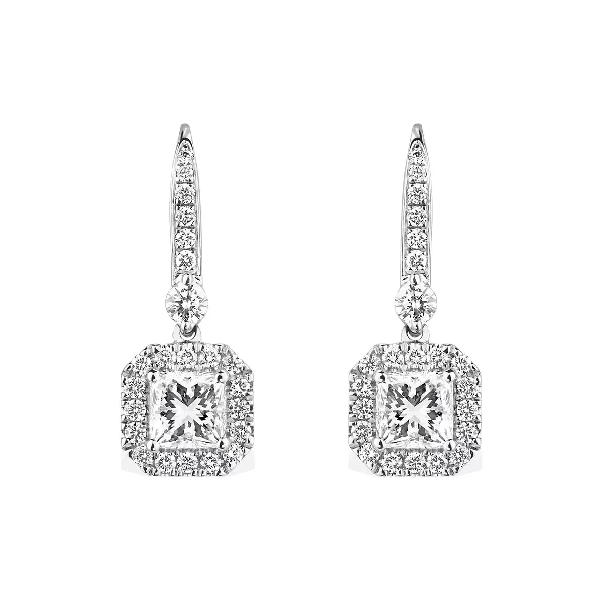 2.00ctw Princess Cut Diamond Halo Earrings, 18ct White Gold