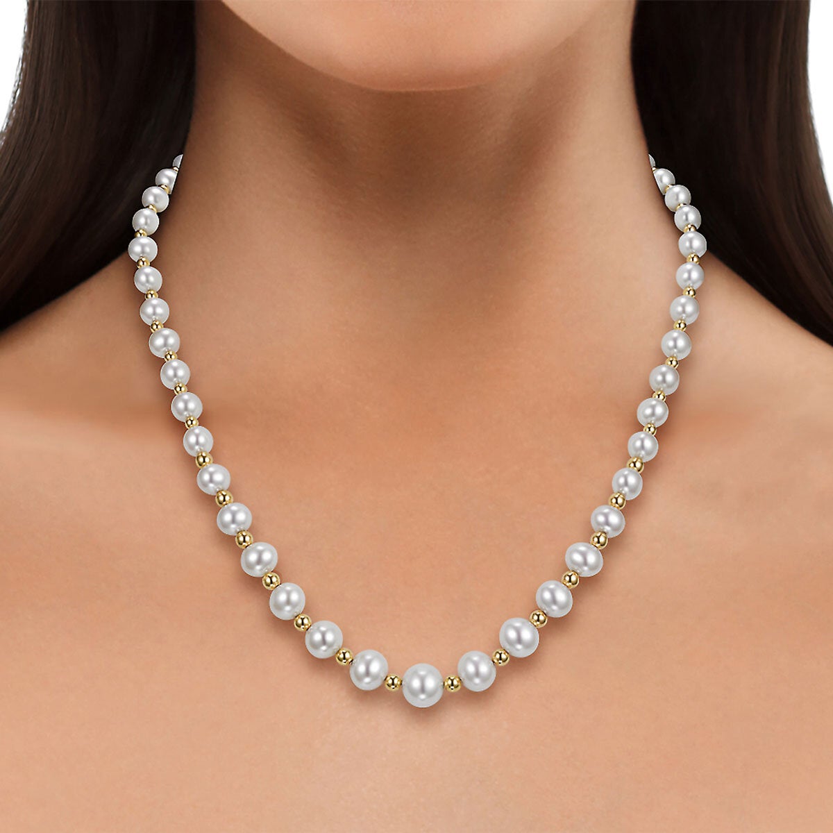 5-9mm Cultured Freshwater Pearl & Gold Bead Graduated Necklace 14ct Yellow Gold