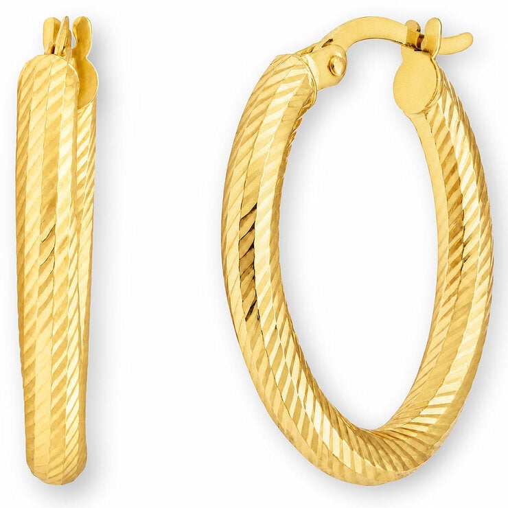 14ct Yellow Gold Textured Oval Hoop Earrings