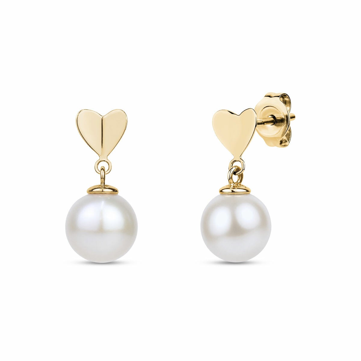 10.5-11mm Cultured Freshwater White Pearl Heart Drop Earrings 14ct Yellow Gold
