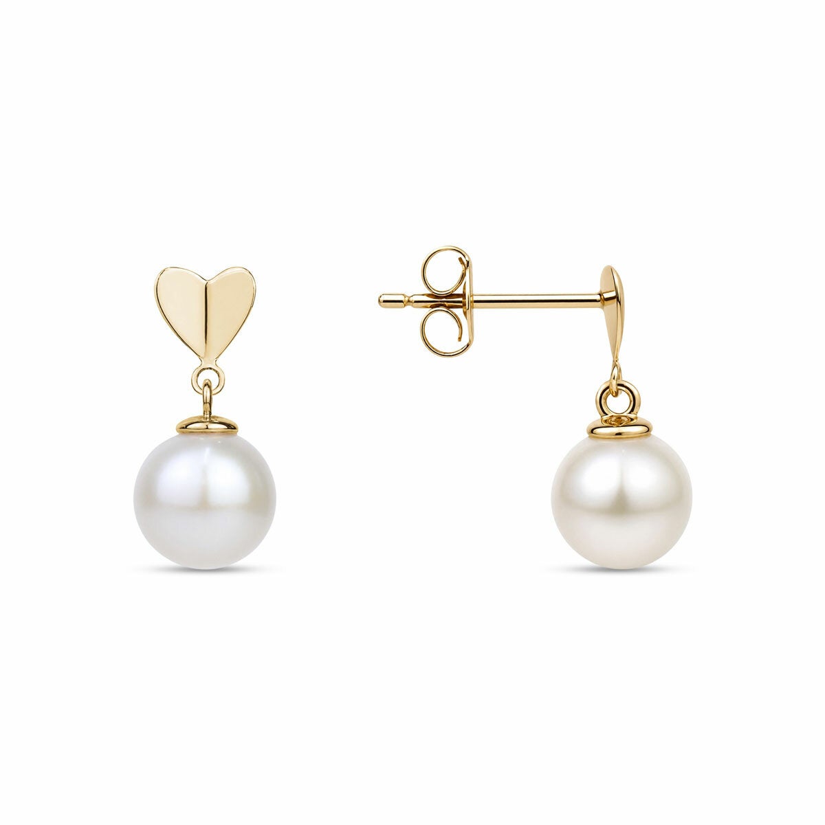 10.5-11mm Cultured Freshwater White Pearl Heart Drop Earrings 14ct Yellow Gold