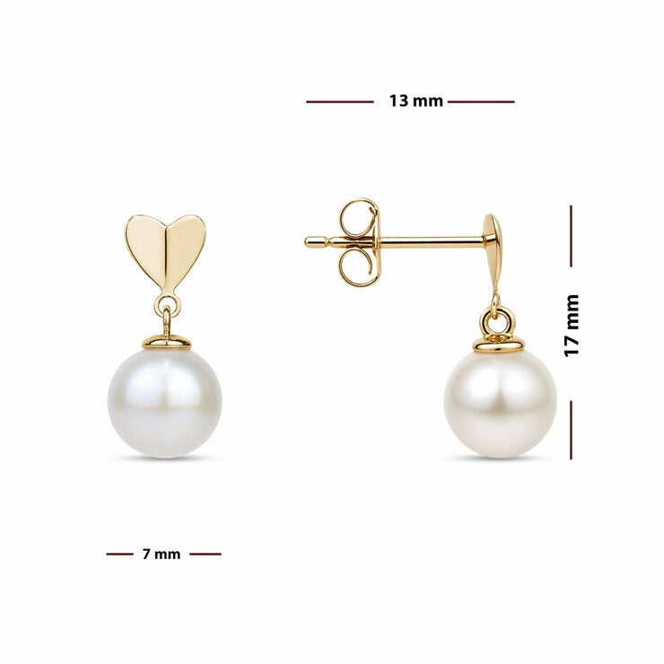 10.5-11mm Cultured Freshwater White Pearl Heart Drop Earrings 14ct Yellow Gold