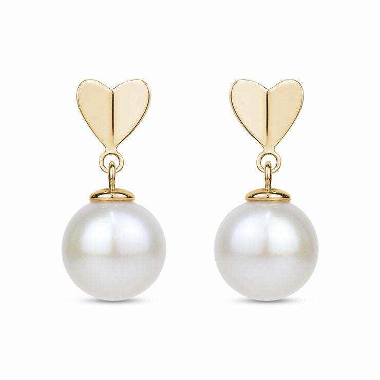 10.5-11mm Cultured Freshwater White Pearl Heart Drop Earrings 14ct Yellow Gold