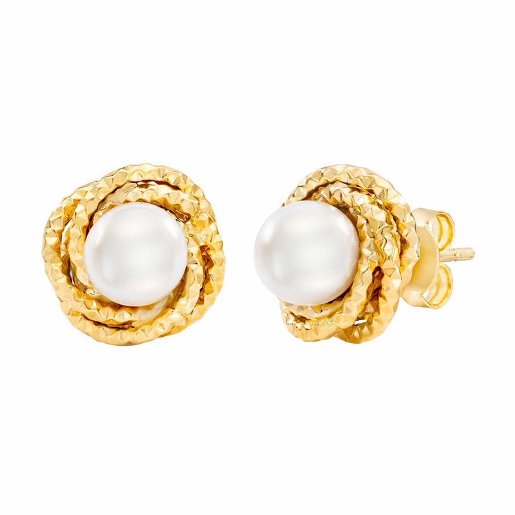 7-7.5mm Cultured Freshwater White Pearl Love Knot Earrings 14ct Yellow Gold
