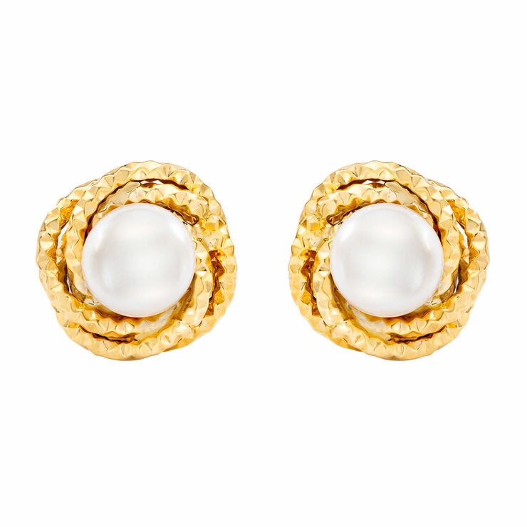 7-7.5mm Cultured Freshwater White Pearl Love Knot Earrings 14ct Yellow Gold