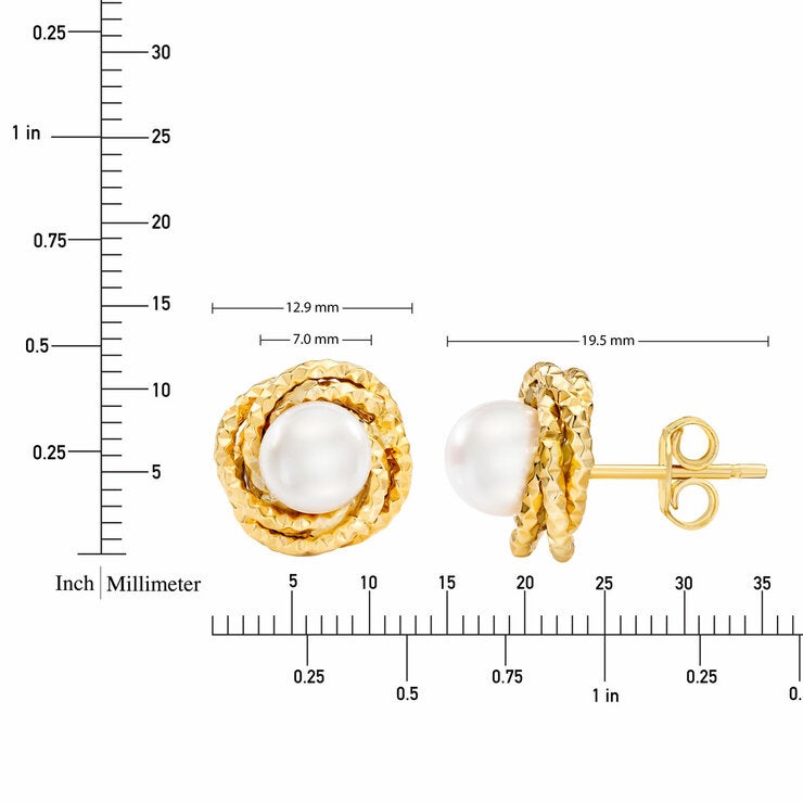 7-7.5mm Cultured Freshwater White Pearl Love Knot Earrings 14ct Yellow Gold