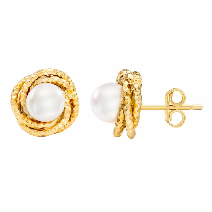 7-7.5mm Cultured Freshwater White Pearl Love Knot Earrings 14ct Yellow Gold
