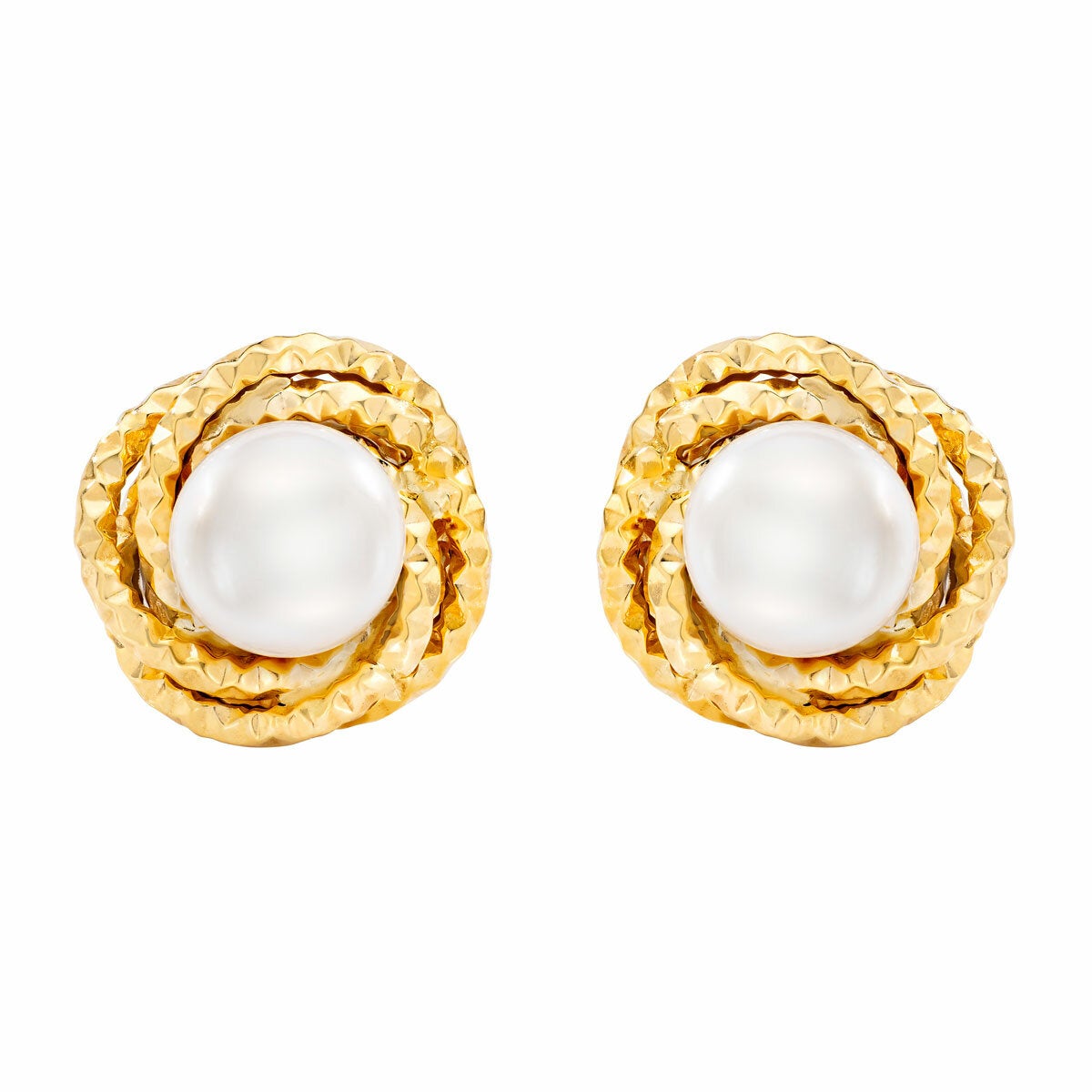 7-7.5mm Cultured Freshwater White Pearl Love Knot Earrings 14ct Yellow Gold
