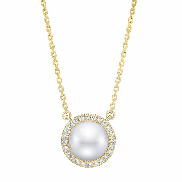 8-9mm Cultured Freshwater White Button Pearl & 0.16ctw Diamond Halo Pendant 14ct Yellow Gold