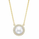 8-9mm Cultured Freshwater White Button Pearl & 0.16ctw Diamond Halo Pendant 14ct Yellow Gold