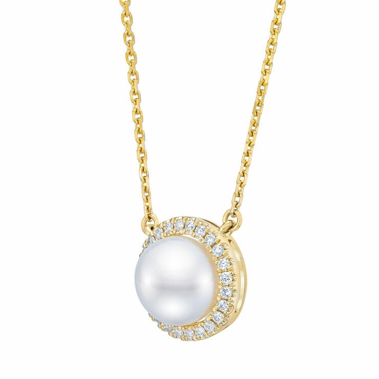 8-9mm Cultured Freshwater White Button Pearl & 0.16ctw Diamond Halo Pendant 14ct Yellow Gold