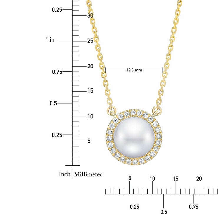 8-9mm Cultured Freshwater White Button Pearl & 0.16ctw Diamond Halo Pendant 14ct Yellow Gold