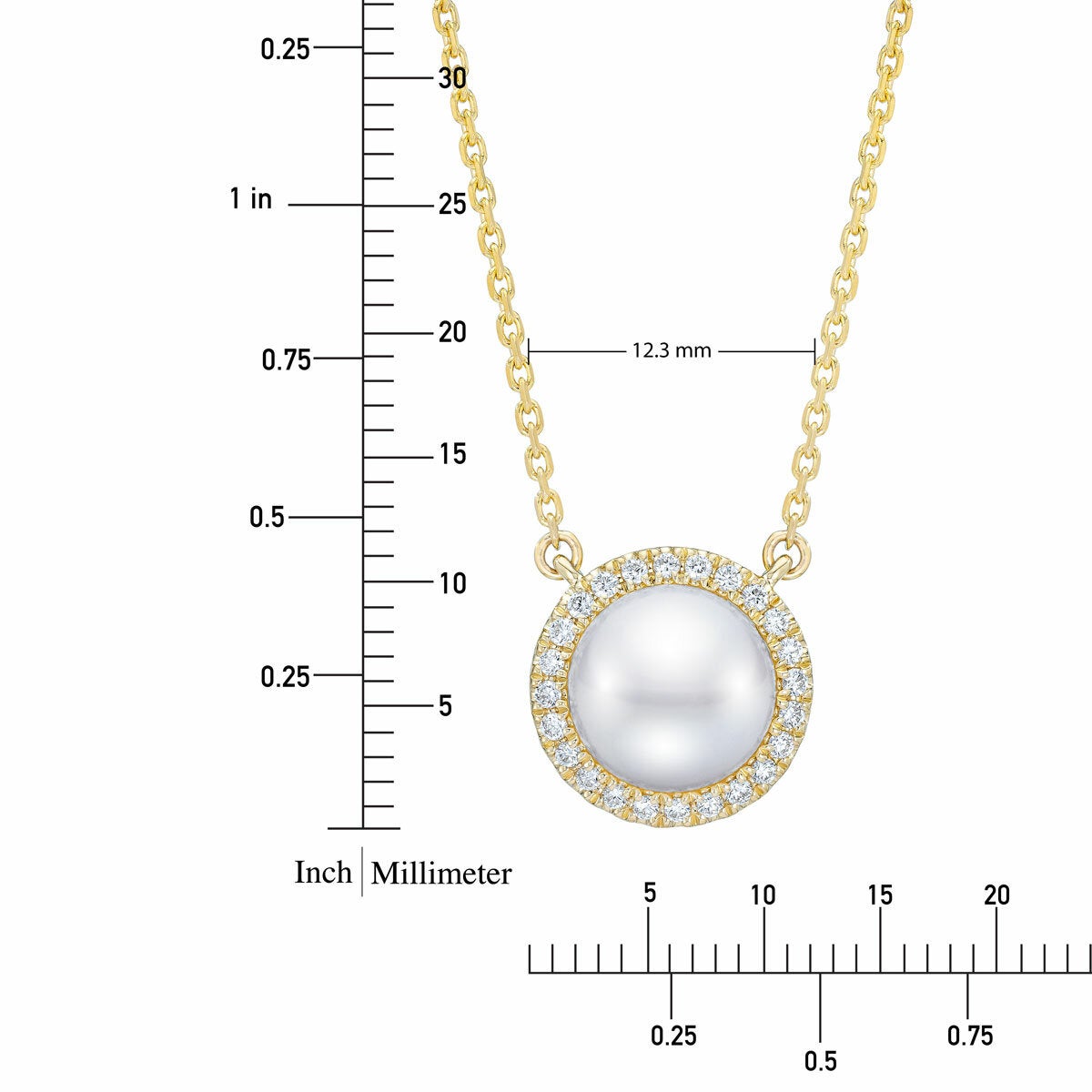 8-9mm Cultured Freshwater White Button Pearl & 0.16ctw Diamond Halo Pendant 14ct Yellow Gold