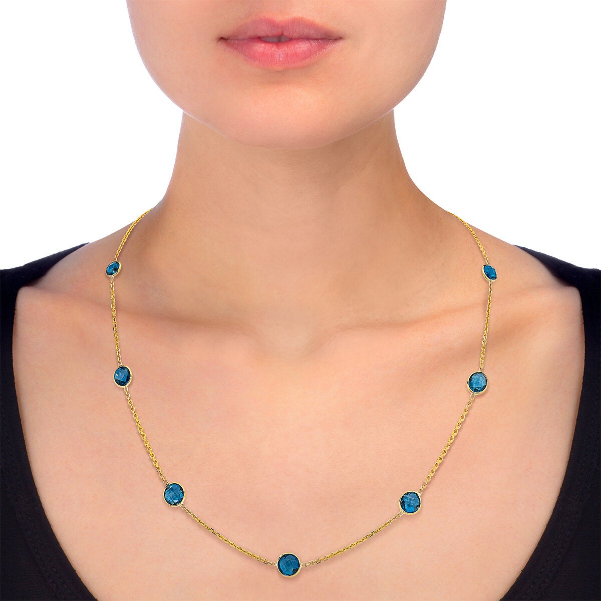Round Cut Blue Topaz Necklace 14ct Yellow Gold