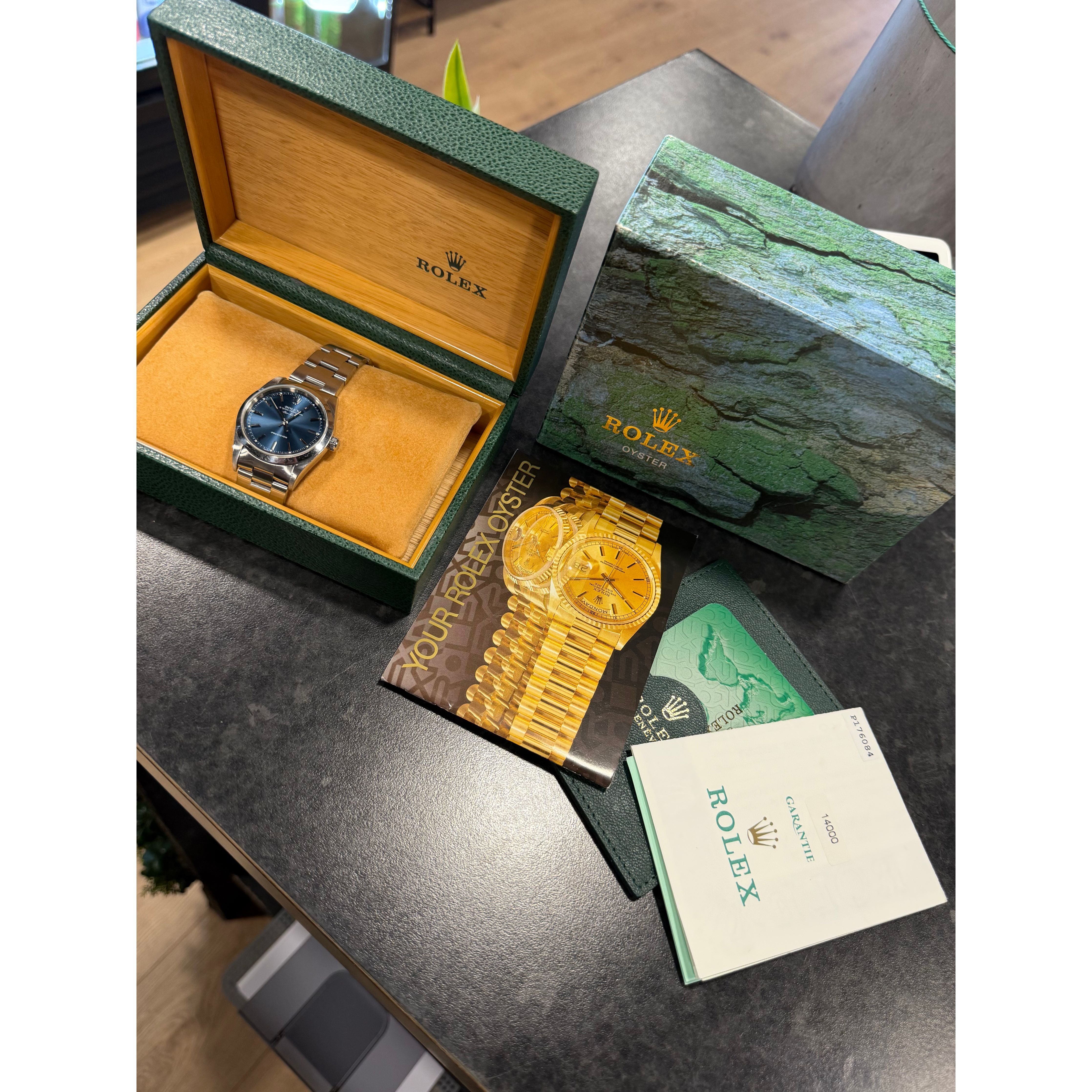 2000 Rolex Air King 14000 Blue Face Full Set