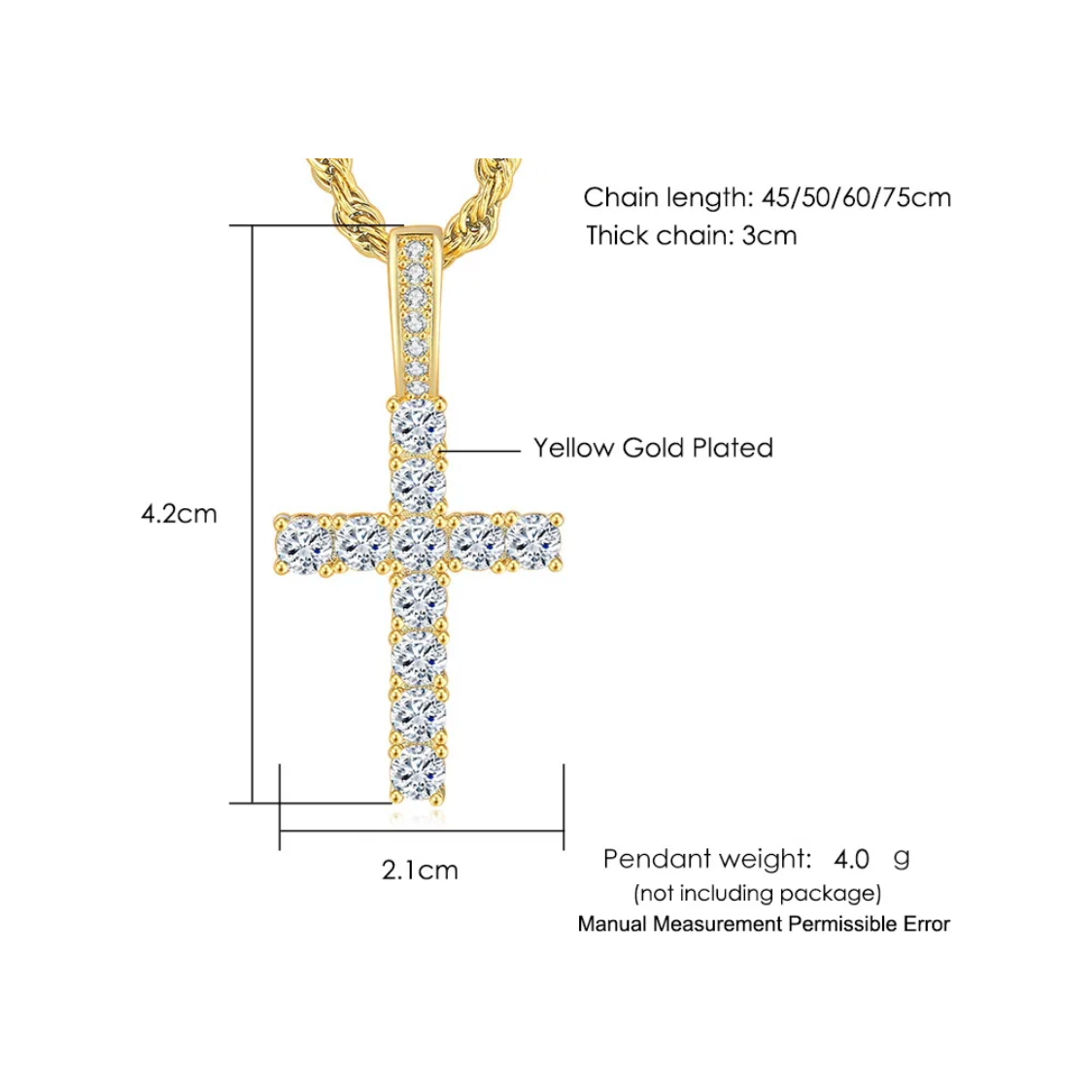 18K Iced Out Gold Chain With Cross & Diamonds 45cm By Bling Ting