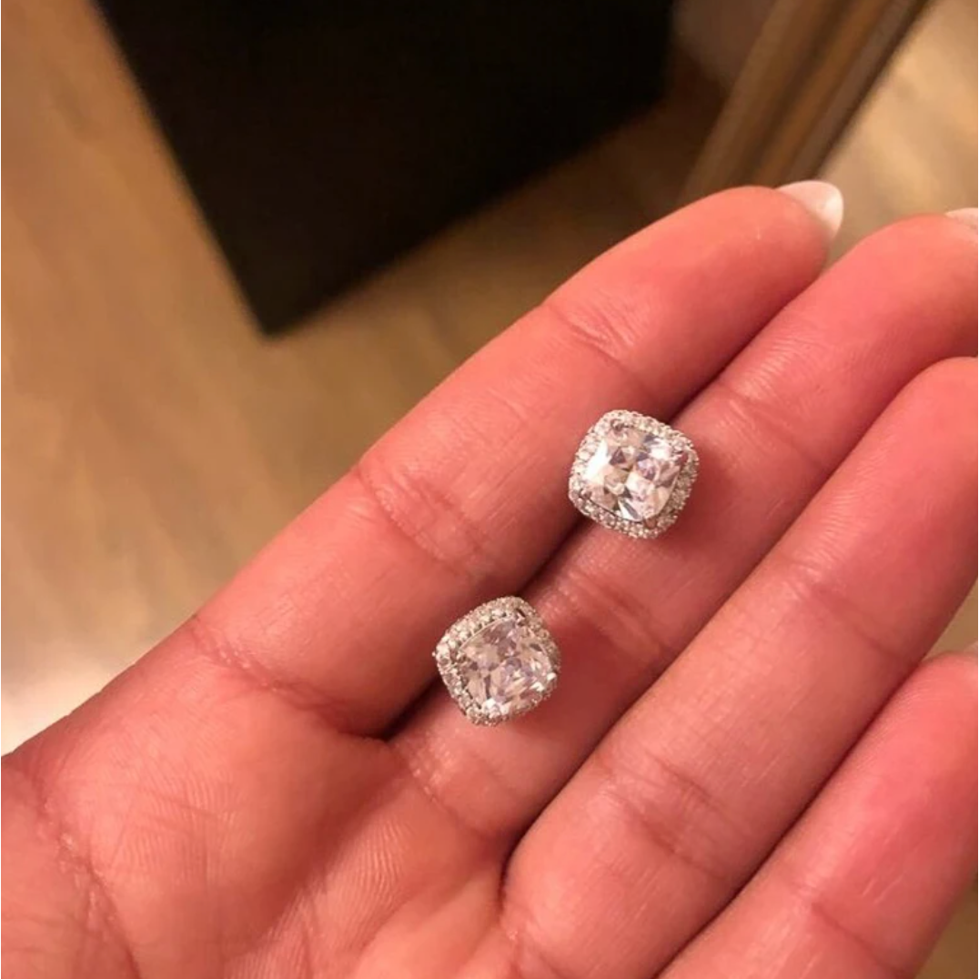 Iced Out Cushion Shaped Diamond Stud Earrings By Bling Ting