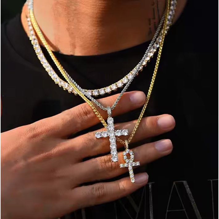 18K Iced Out Gold Chain With Cross & Diamonds 45cm By Bling Ting