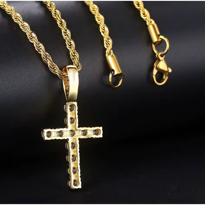 18K Iced Out Gold Chain With Cross & Diamonds 45cm By Bling Ting