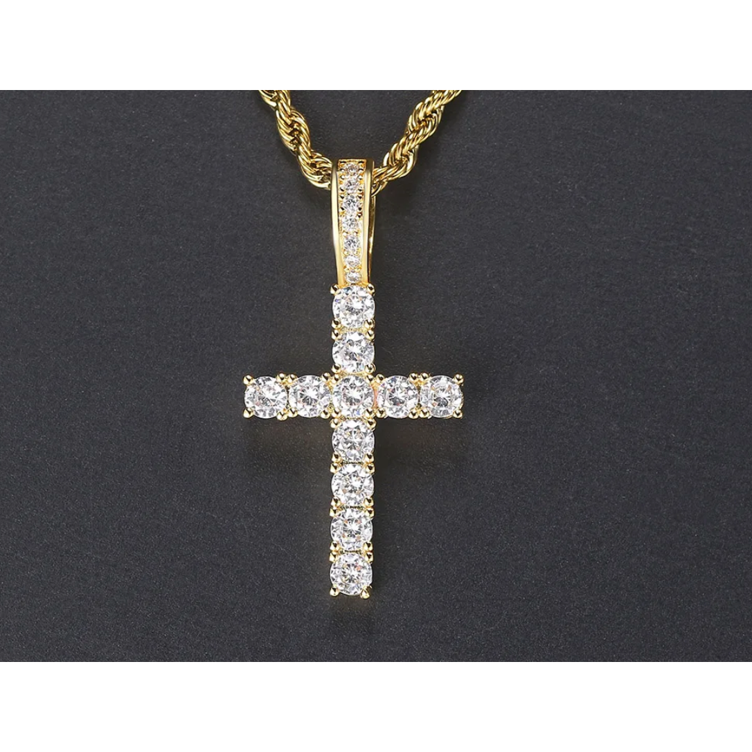 18K Iced Out Gold Chain With Cross & Diamonds 45cm By Bling Ting