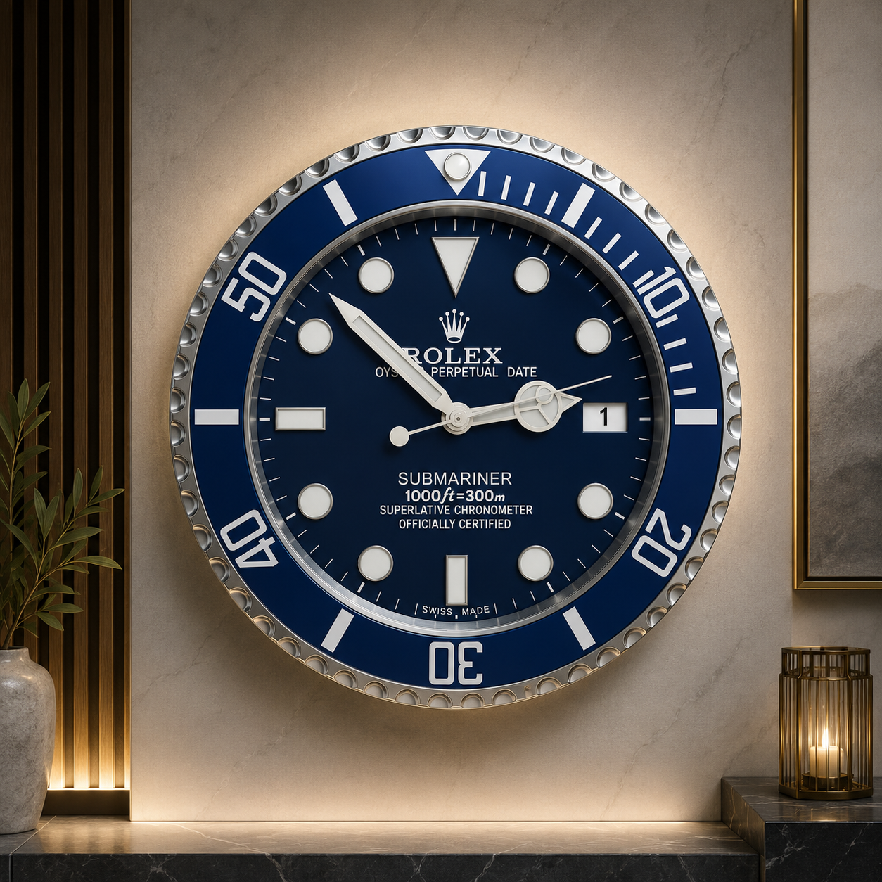 Rolex Submariner Smurf Wall Clock Hand Made 904 Stainless Steel