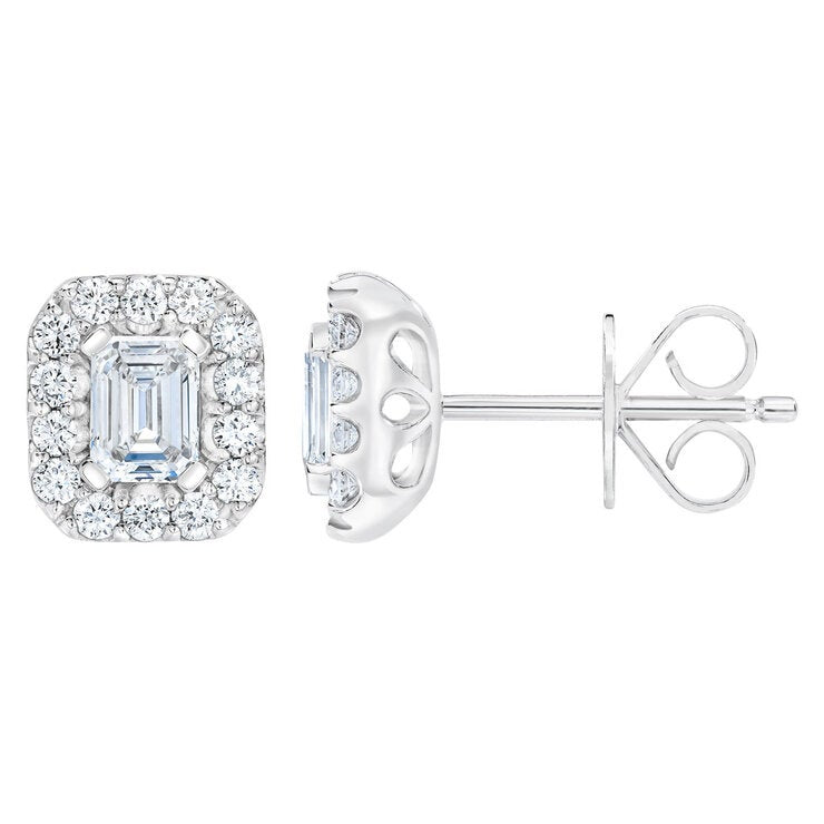 Emerald and Round Brilliant Cut Diamond Halo Stud Earrings 1.00ctw 14ct White Gold