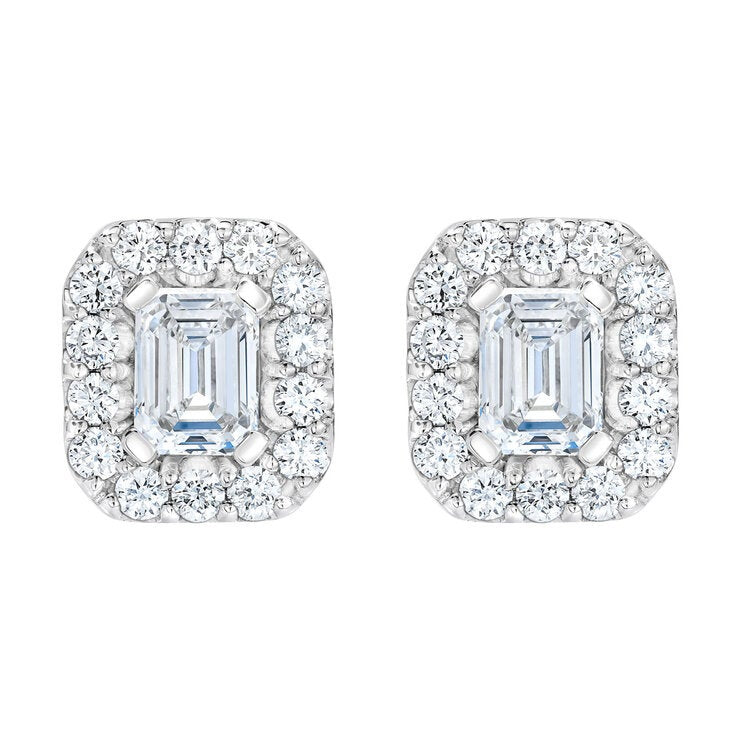 Emerald and Round Brilliant Cut Diamond Halo Stud Earrings 1.00ctw 14ct White Gold