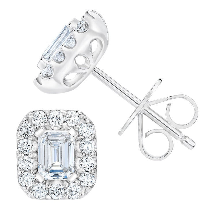 Emerald and Round Brilliant Cut Diamond Halo Stud Earrings 1.00ctw 14ct White Gold