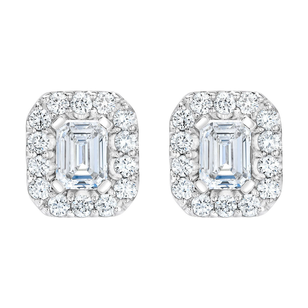 Emerald and Round Brilliant Cut Diamond Halo Stud Earrings 1.00ctw 14ct White Gold