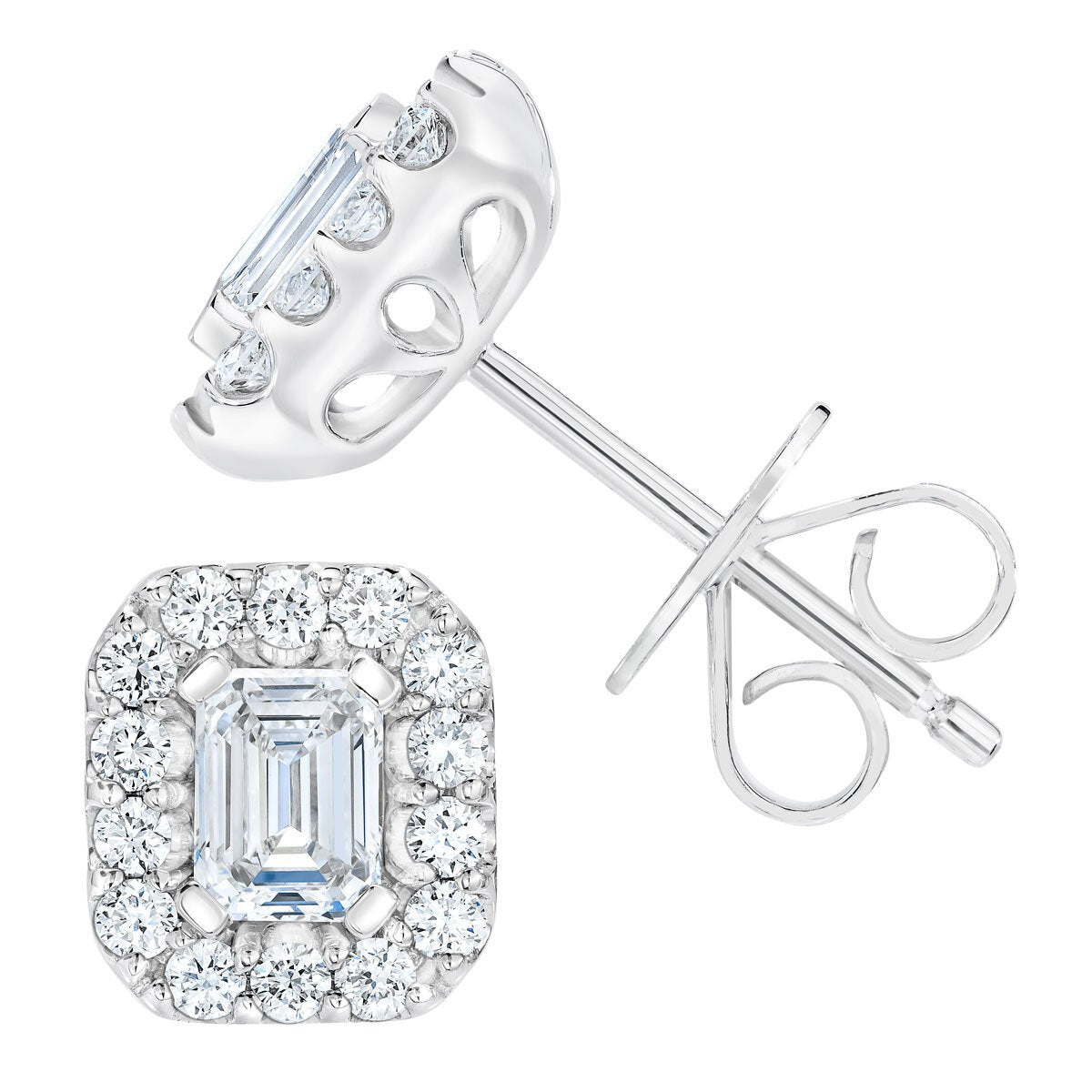 Emerald and Round Brilliant Cut Diamond Halo Stud Earrings 1.00ctw 14ct White Gold