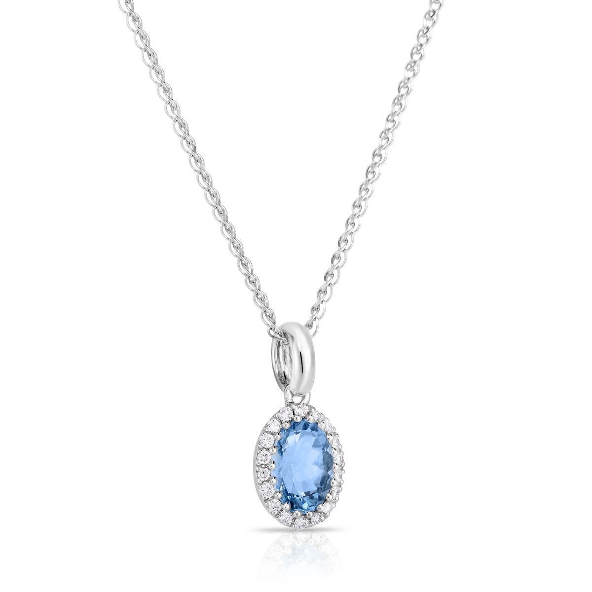 Oval Cut Aquamarine & 0.09ctw Diamond Necklace 14ct White Gold