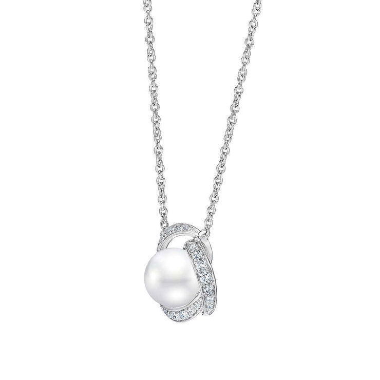 7.5-8mm Cultured Freshwater White Pearl & 0.25ctw Diamond Necklace 14ct White Gold