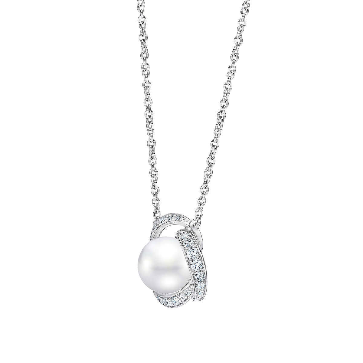 7.5-8mm Cultured Freshwater White Pearl & 0.25ctw Diamond Necklace 14ct White Gold