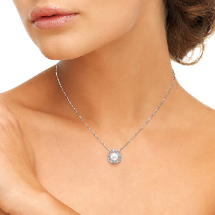 7.5-8mm Cultured Freshwater White Pearl & 0.25ctw Diamond Necklace 14ct White Gold