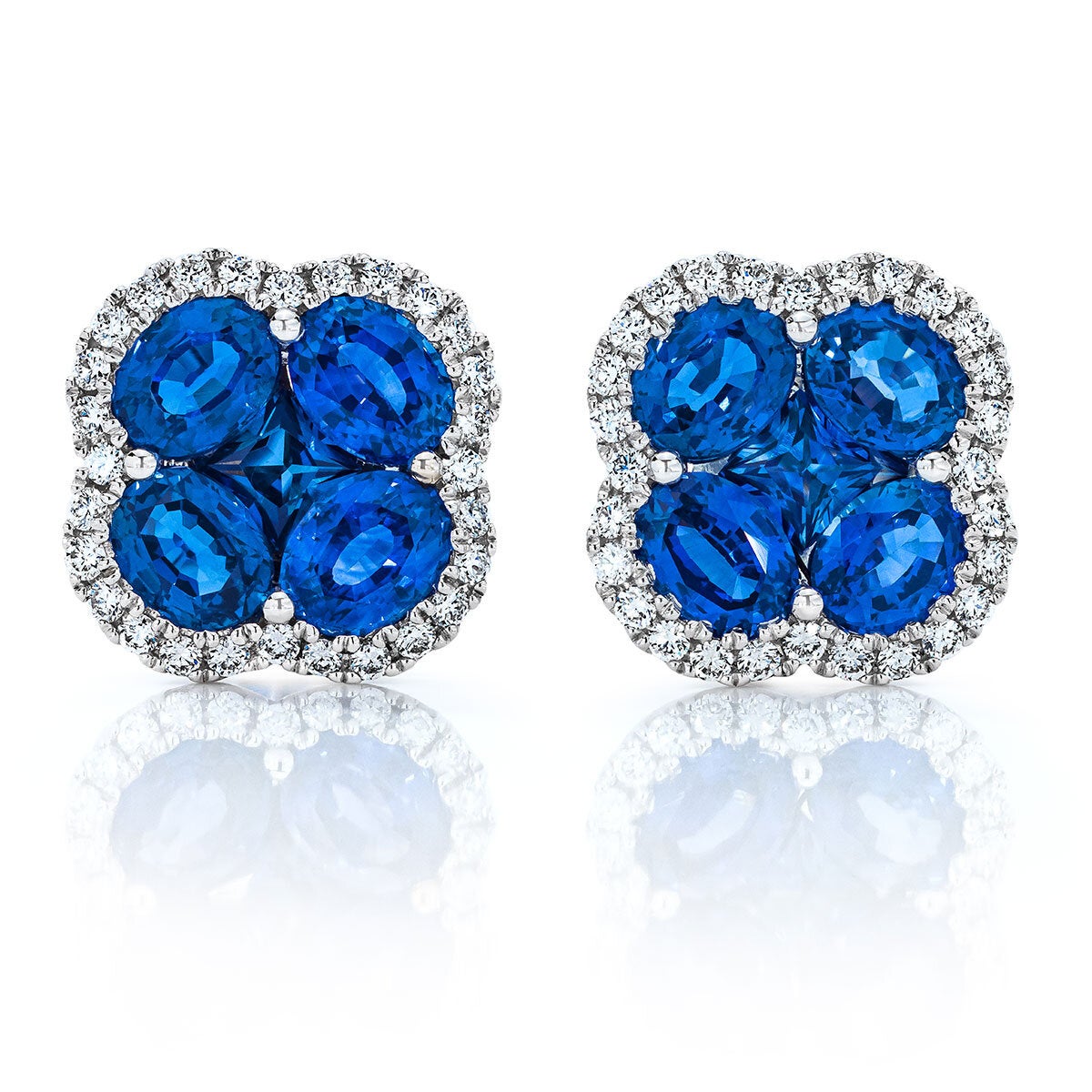 Oval & Princess Cut Blue Sapphire 0.27ctw Diamond Clover Stud Earrings 14ct White Gold