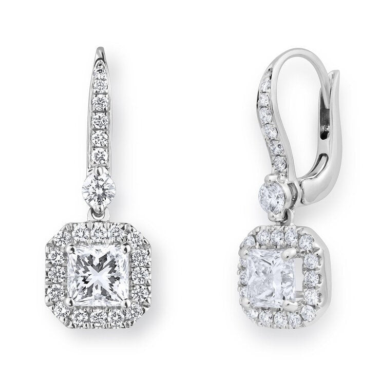 2.00ctw Princess Cut Diamond Halo Earrings 18ct White Gold