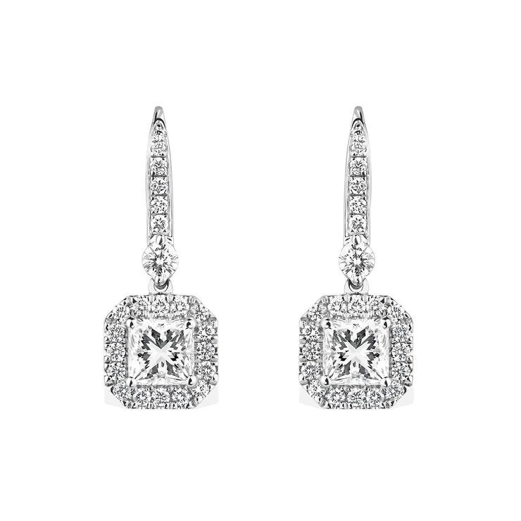 2.00ctw Princess Cut Diamond Halo Earrings 18ct White Gold