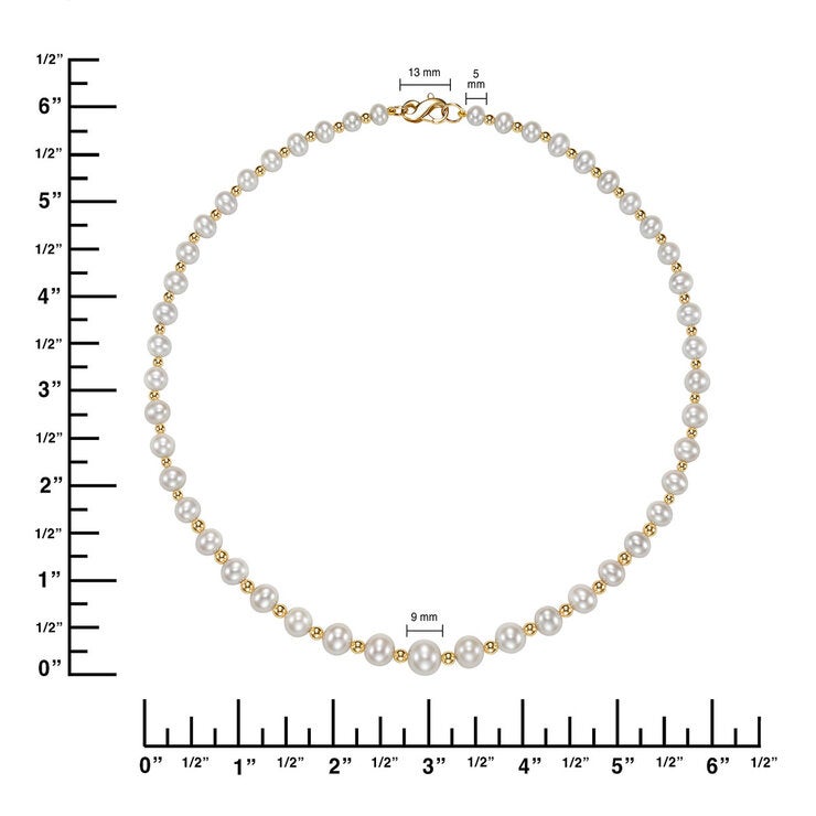 5-9mm Cultured Freshwater Pearl & Gold Bead Graduated Necklace 14ct Yellow Gold
