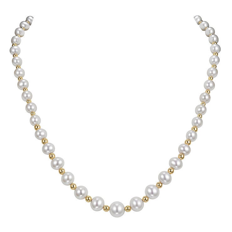 5-9mm Cultured Freshwater Pearl & Gold Bead Graduated Necklace 14ct Yellow Gold