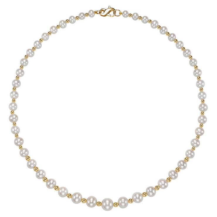 5-9mm Cultured Freshwater Pearl & Gold Bead Graduated Necklace 14ct Yellow Gold