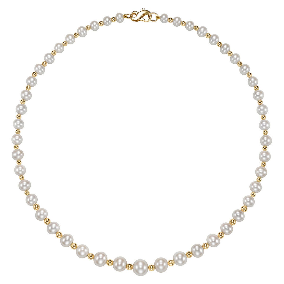 5-9mm Cultured Freshwater Pearl & Gold Bead Graduated Necklace 14ct Yellow Gold