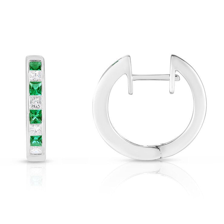 Princess Cut Lab Emerald 0.33ctw Diamond Hoop Earrings 14ct White Gold