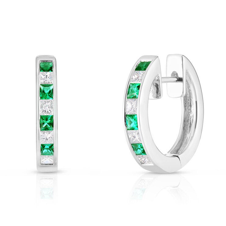 Princess Cut Lab Emerald 0.33ctw Diamond Hoop Earrings 14ct White Gold