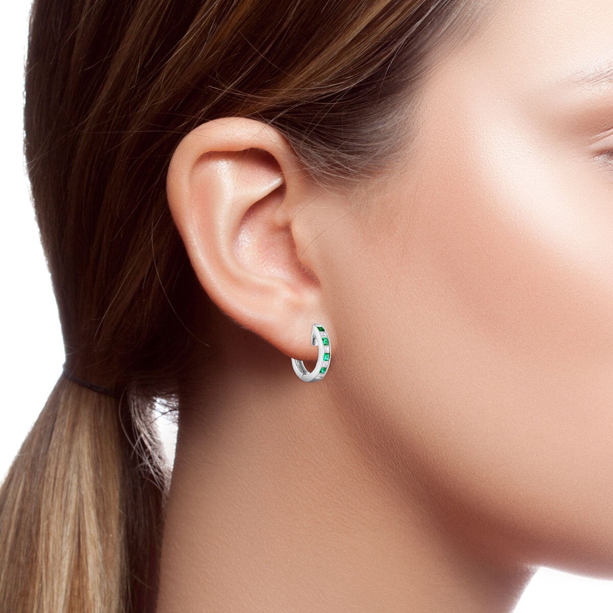 Princess Cut Lab Emerald 0.33ctw Diamond Hoop Earrings 14ct White Gold