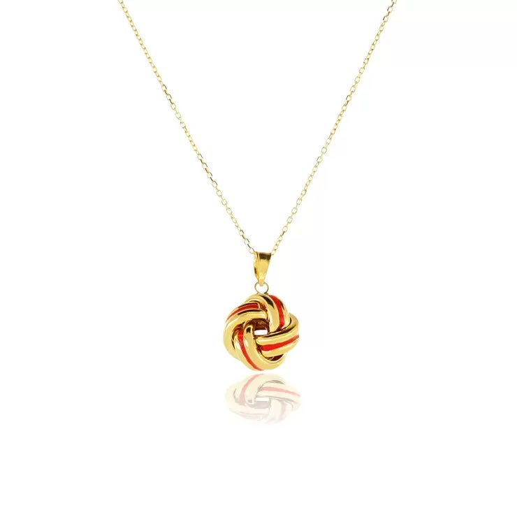 14ct Yellow Gold Coral Enamel Love Knot Necklace