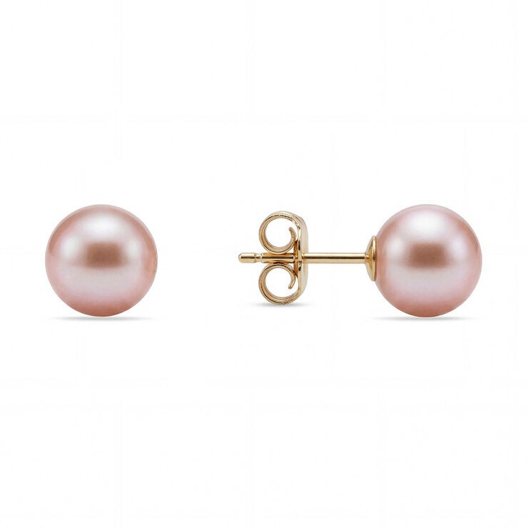 7-7.5mm Cultured Freshwater Pink Pearl Earrings 14ct Yellow Gold