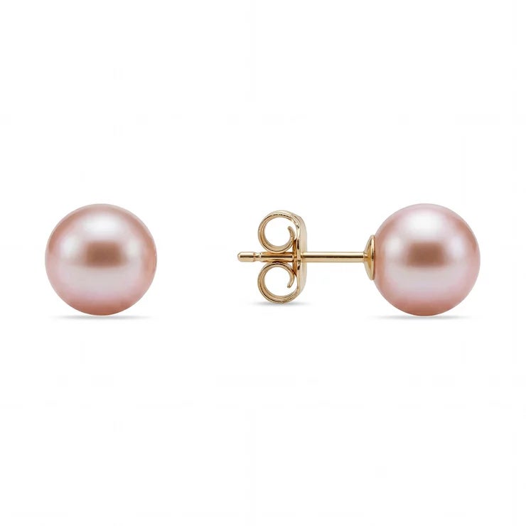 7-7.5mm Cultured Freshwater Pink Pearl Earrings 14ct Yellow Gold