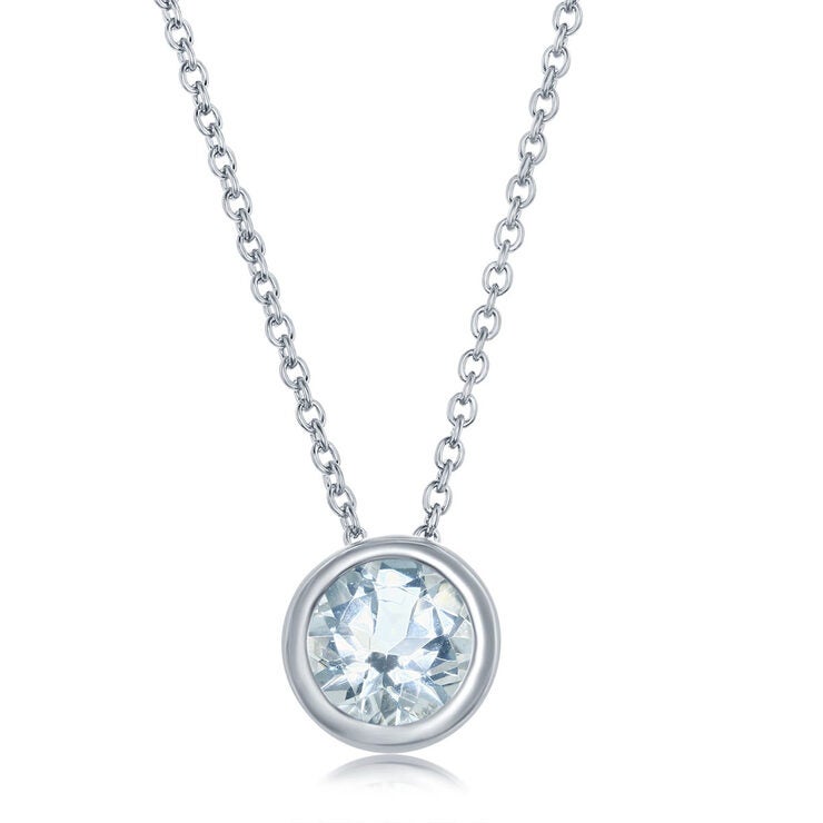 Round Cut Aquamarine Pendant 14ct White Gold